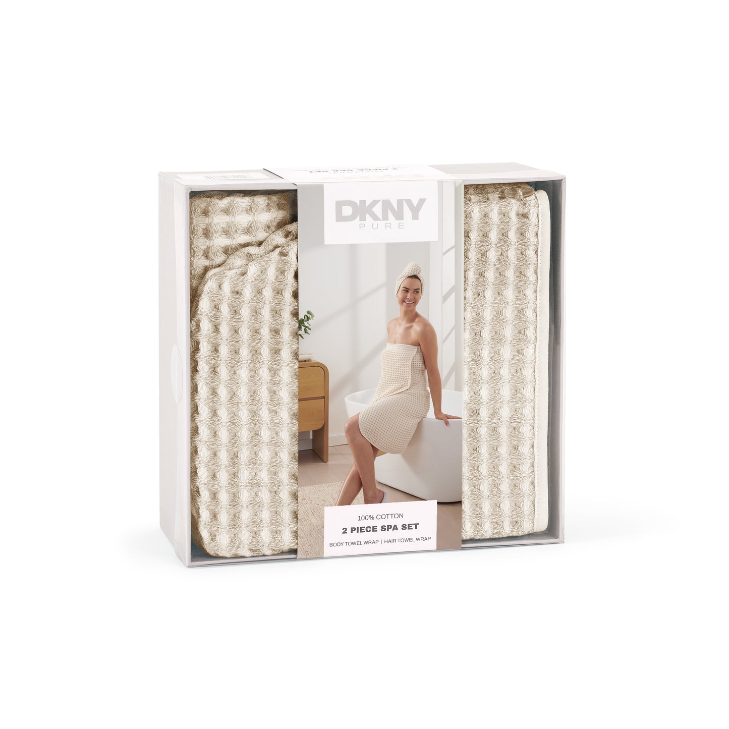 DKNY PURE Yarn Dyed Waffle Unbleached Cotton Body & Hair Wrap Set