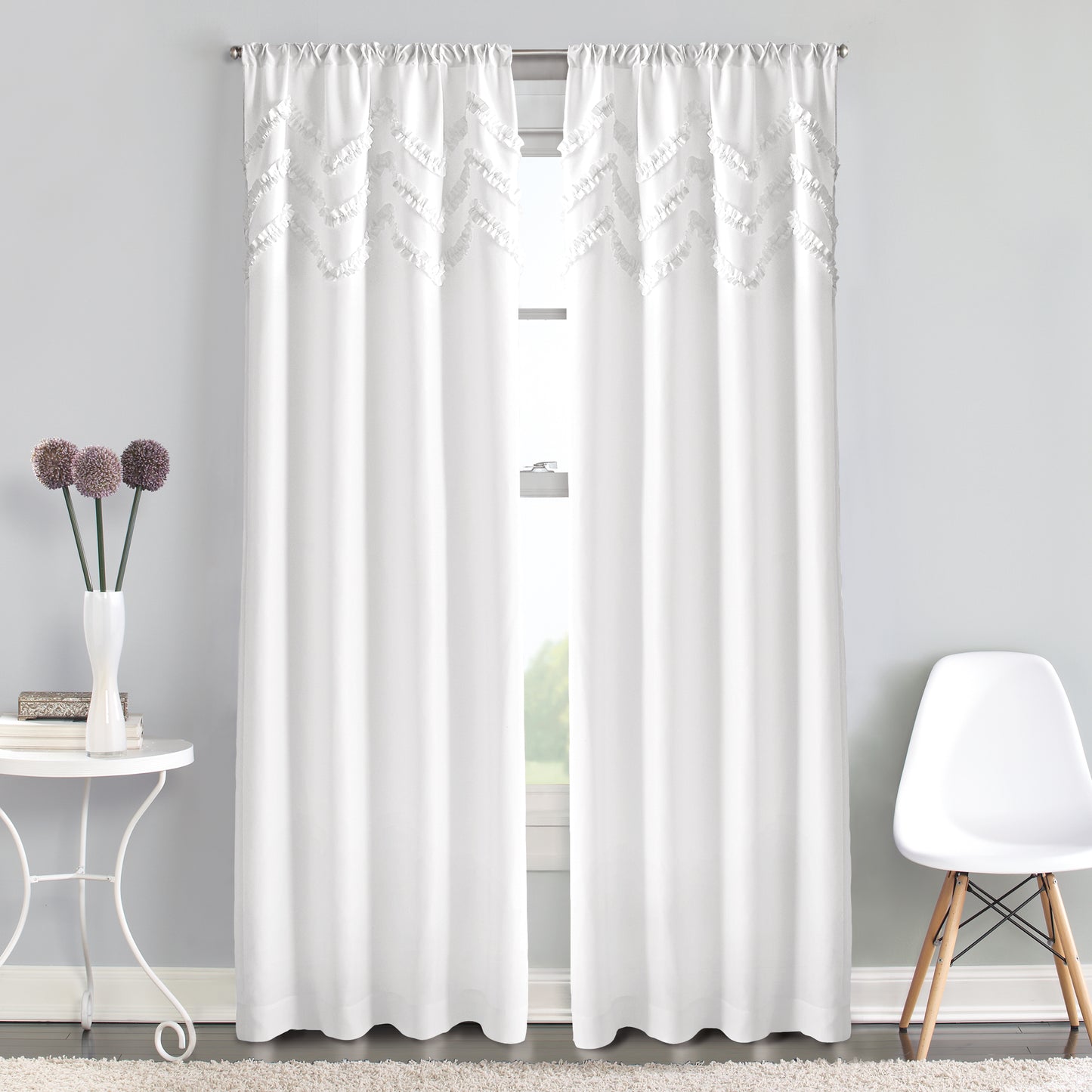 Chevron ruffle white poletop window curtain panel