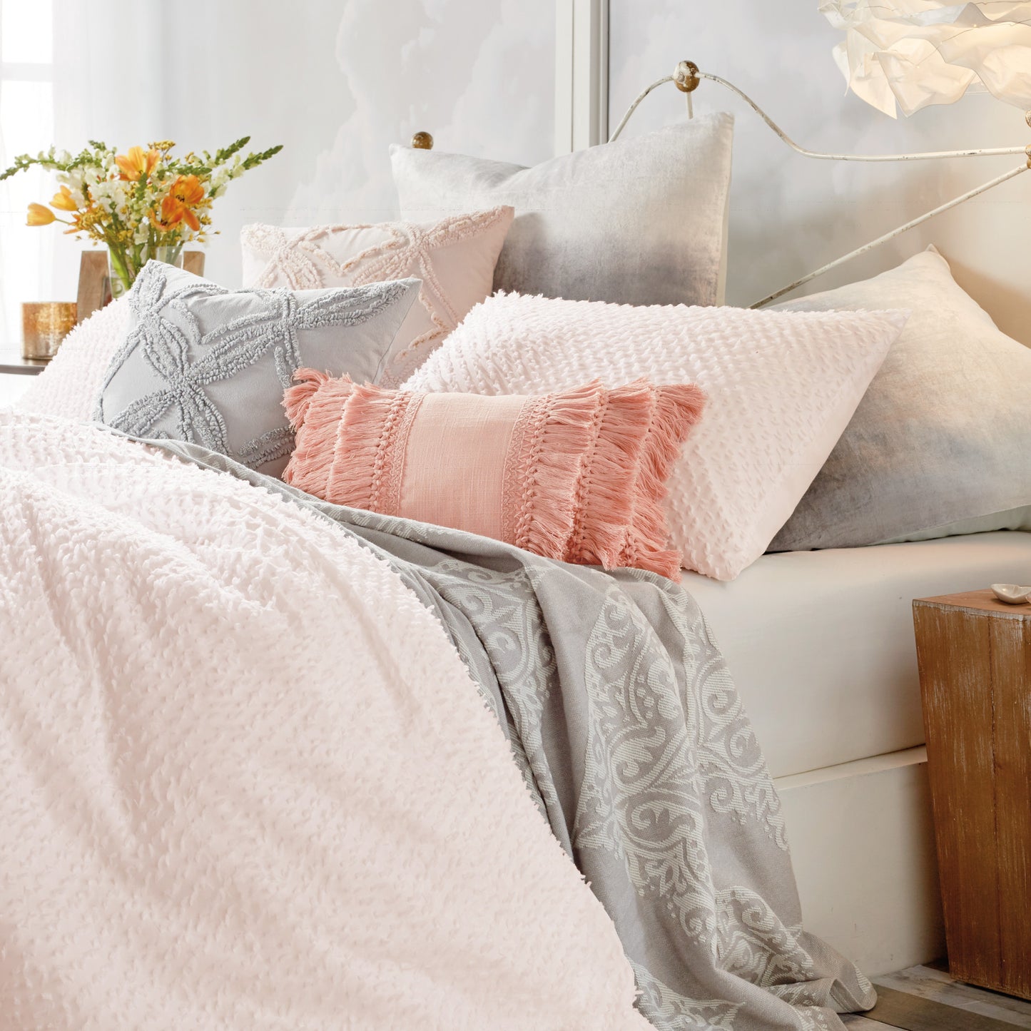 Peri Home Dot Fringe White Comforter Bedding Collection Set Blush