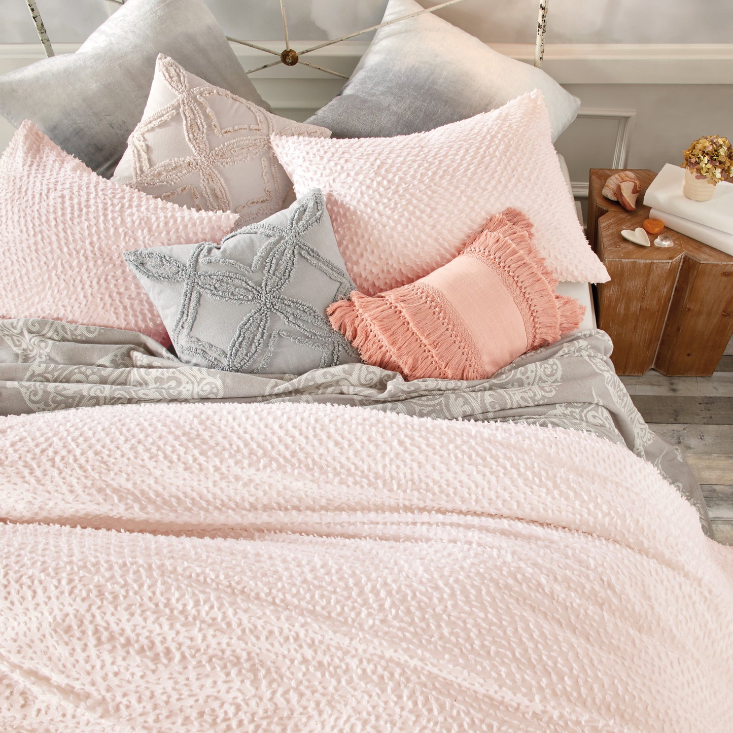 Peri Home Dot Fringe White Comforter Bedding Collection Set Blush