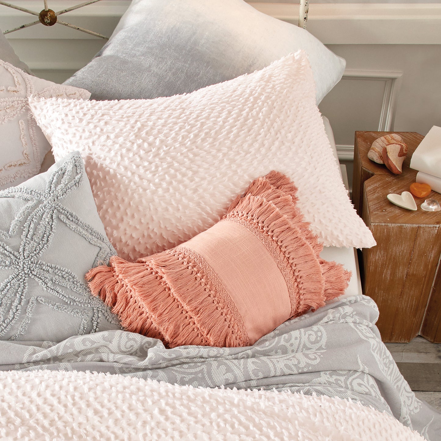 Peri Home Dot Fringe White Comforter Bedding Collection Set Blush