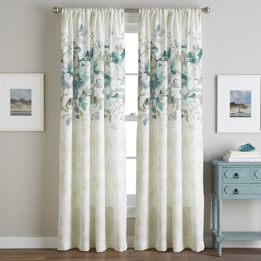 Watercolor Floral Poletop Window Curtain Panel Aqua