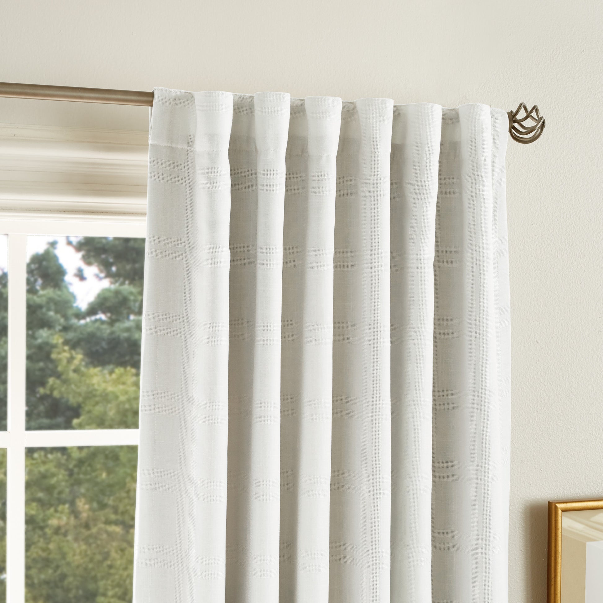 Martha Stewart Bedford Woven Plaid Backtab Curtain Panel White