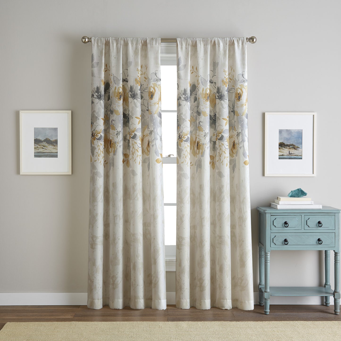 Watercolor Floral Poletop Window Curtain Panel Gold