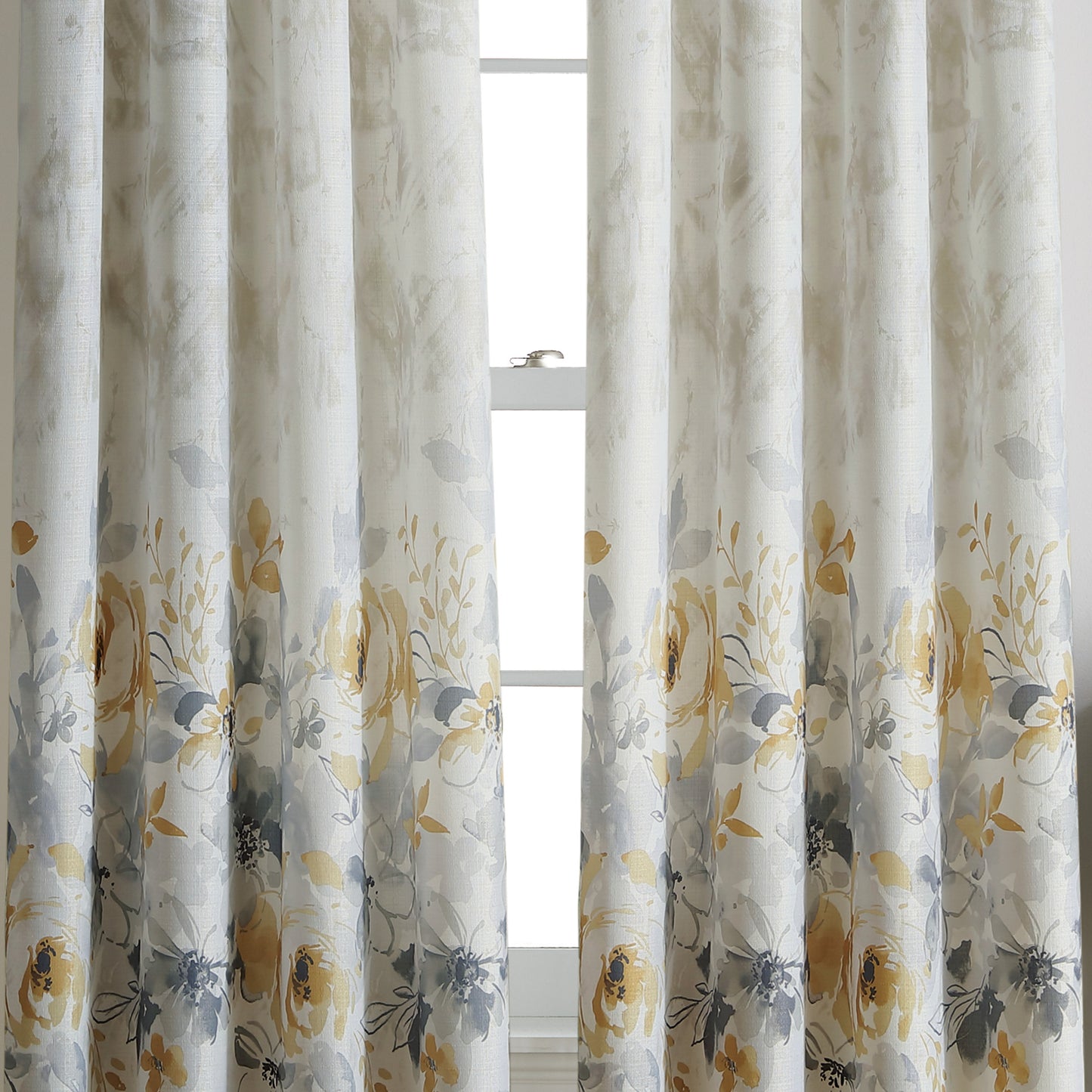 Watercolor Floral Poletop Window Curtain Panel Gold