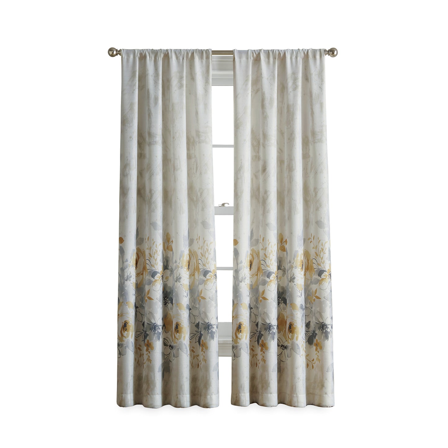 Watercolor Floral Poletop Window Curtain Panel Gold