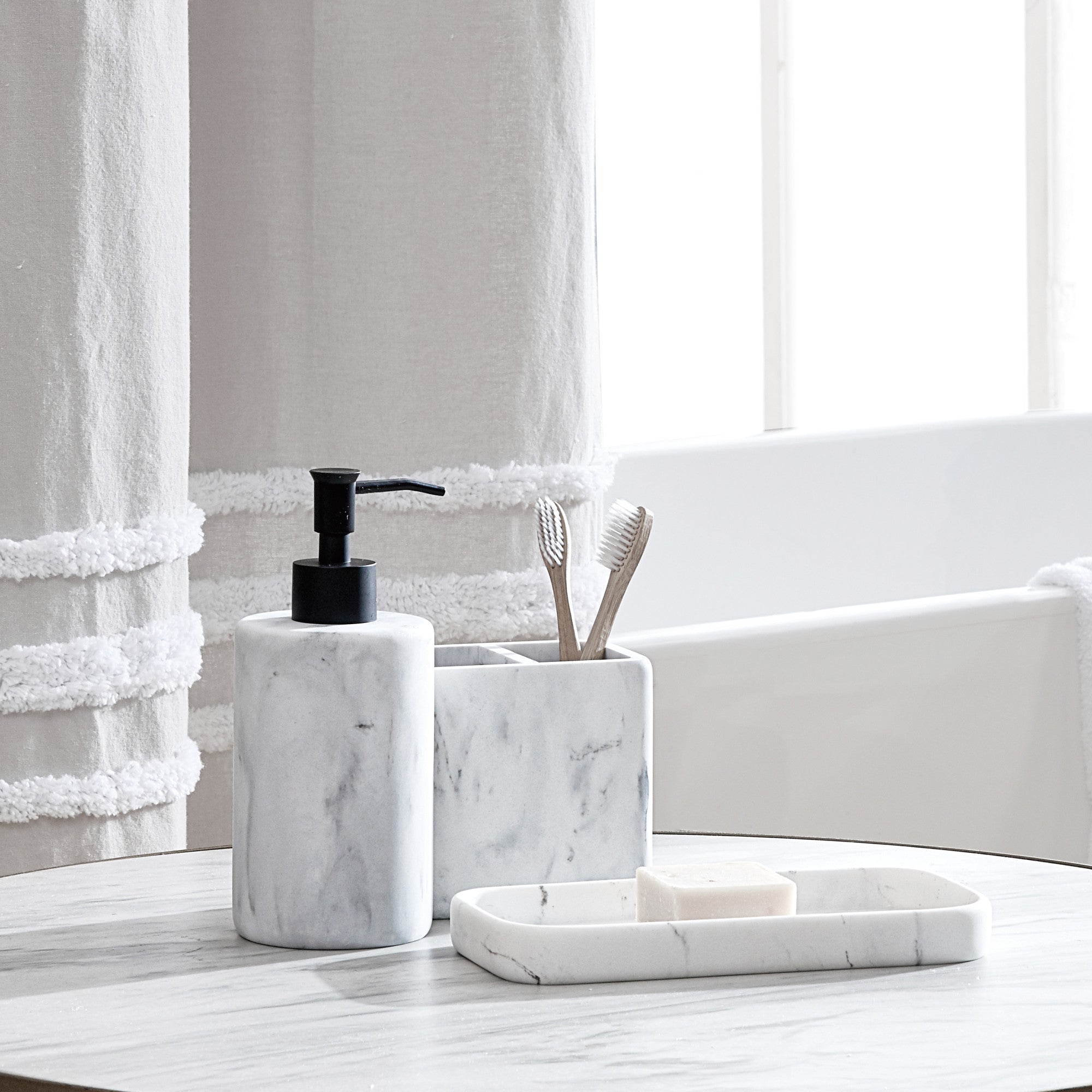 Modern Marble Soap Dispenser with Pump and Toothbrush Holder in White