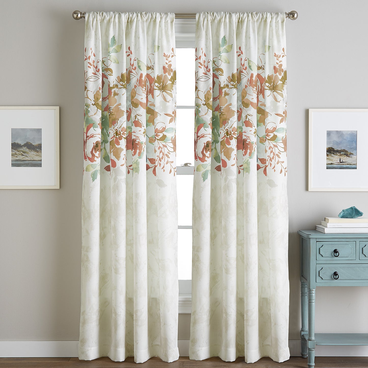 Watercolor Floral Poletop Window Curtain Panel Spice