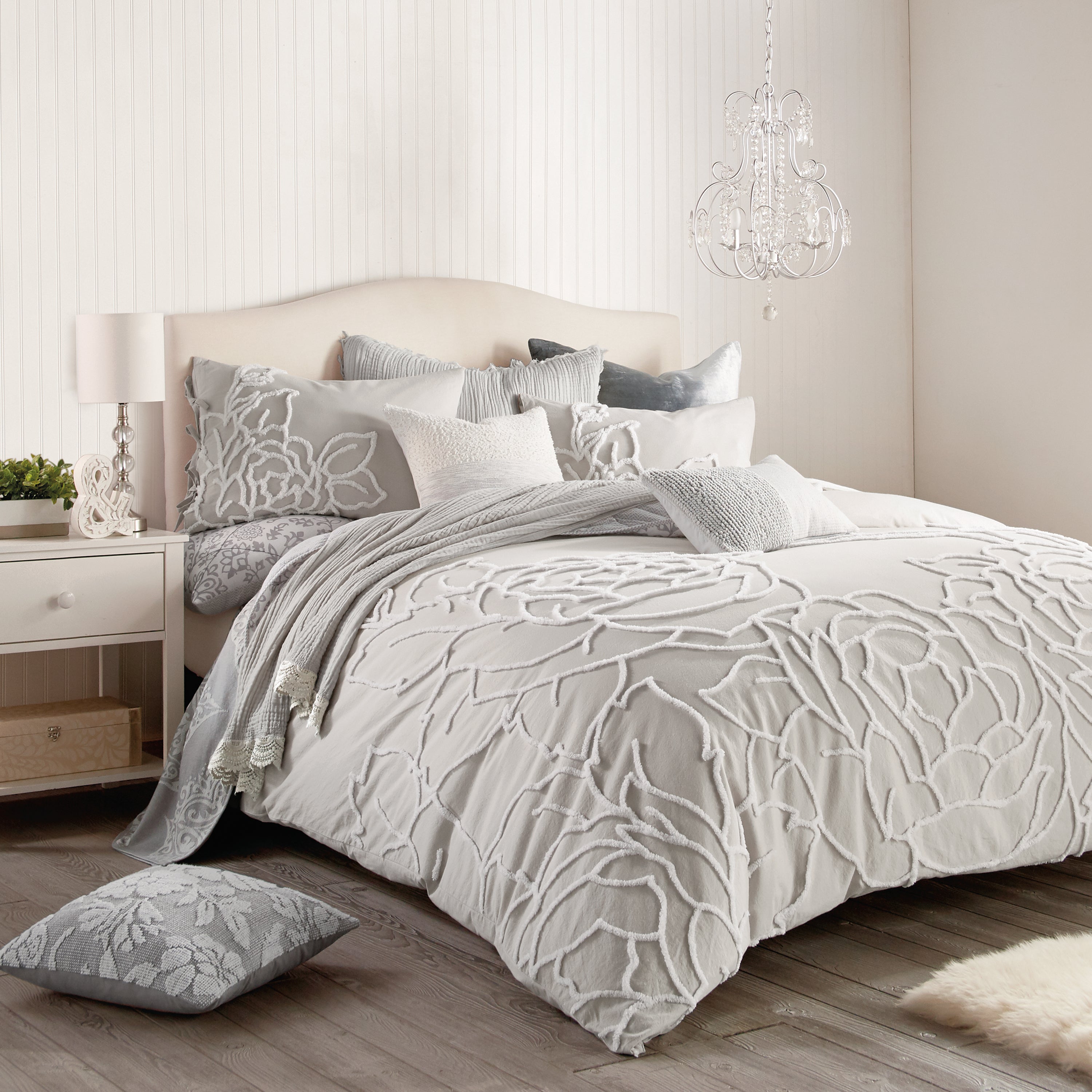 Peri Home Chenille Rose Comforter Set FULL QUEEN Grey