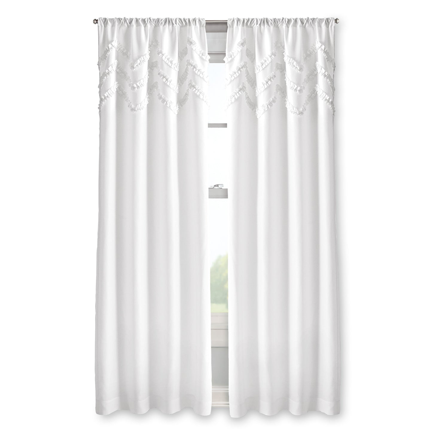 Chevron ruffle white poletop window curtain panel