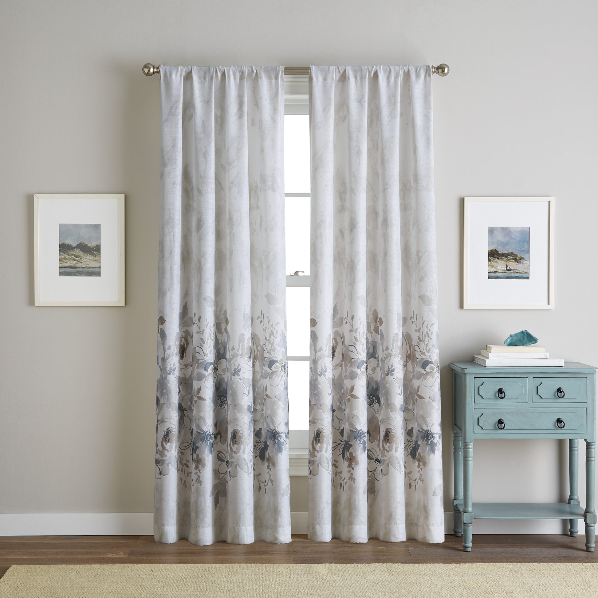 Watercolor Floral Poletop Window Curtain Panel Natural