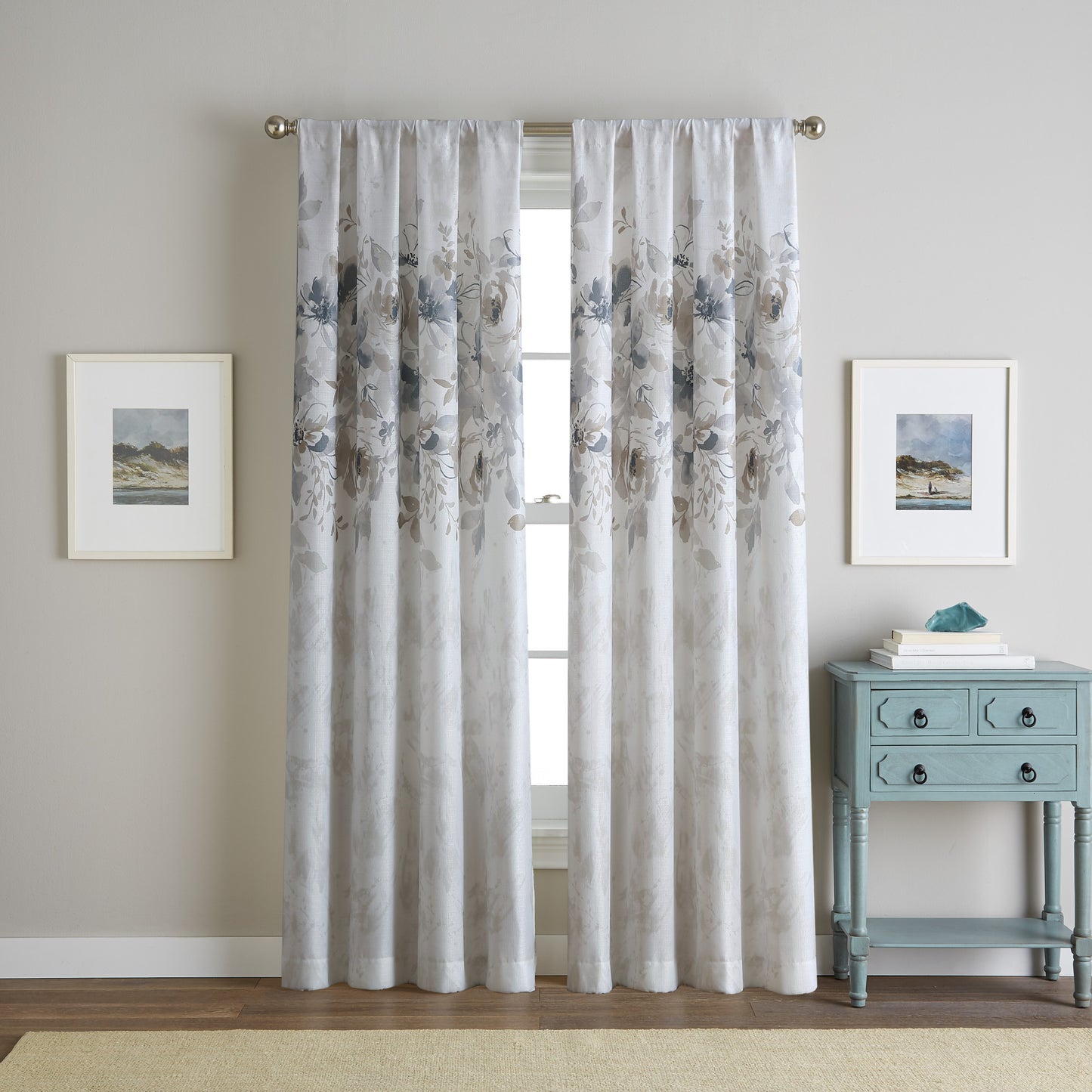 Watercolor Floral Poletop Window Curtain Panel Natural