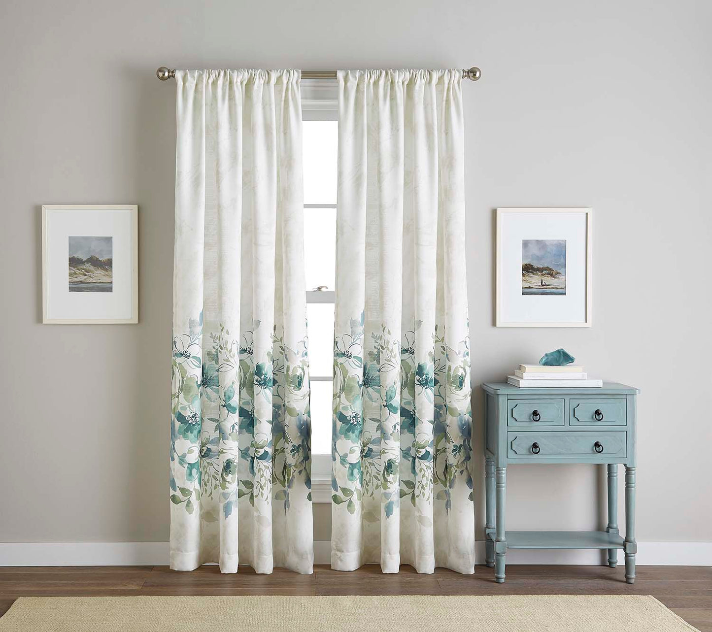 Watercolor Floral Poletop Window Curtain Panel Aqua